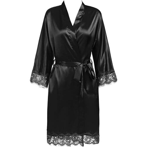 Sexy Ladies' Lace Satin Robe Gown Solid Soft Nightgown Nightwear Kimono Bathrobe Sleepwear Wedding Bride Bridesmaid Robes