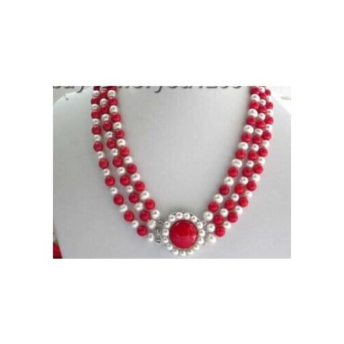 Huij 002128 Genuine!21" 3row Natural White Pearl Red Coral Necklace discount 40