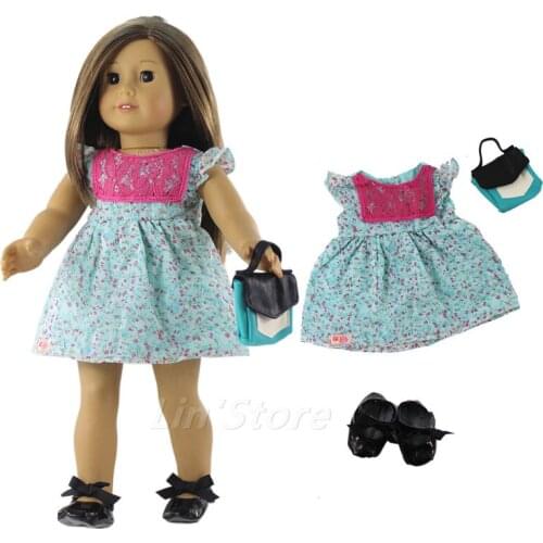 3 PCS Set Doll Clothes Outfit Dress+bag+one pairs shoes for 18" inch American Doll a07