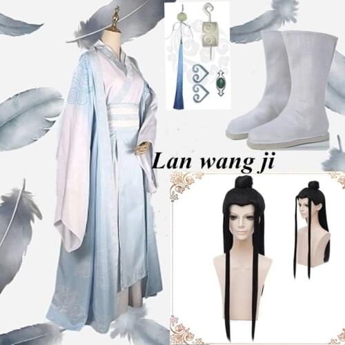 Lan Wangji Cosplay Costume Mo Dao Zu Shi Original Lan Zhan Ancient Costume Wig Wei Wuxian Yiling Patriarch costume+ wigs +boots