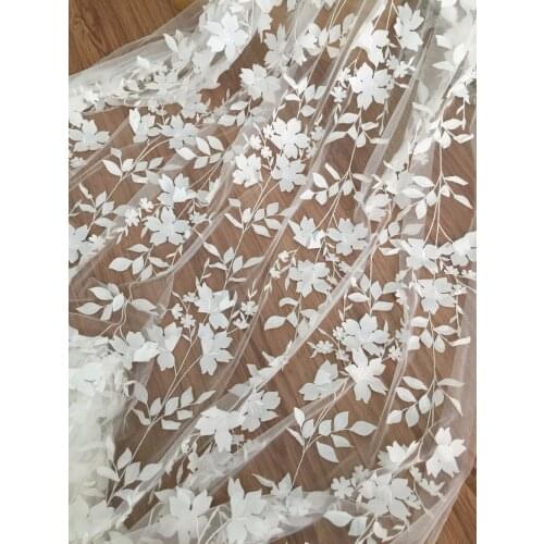 Exquisite Illusion 3D Leaf Bridal Gown Lace Fabric , Fine Made Vivid Floral Embroidery Blossom Fabric byYard in Soft White