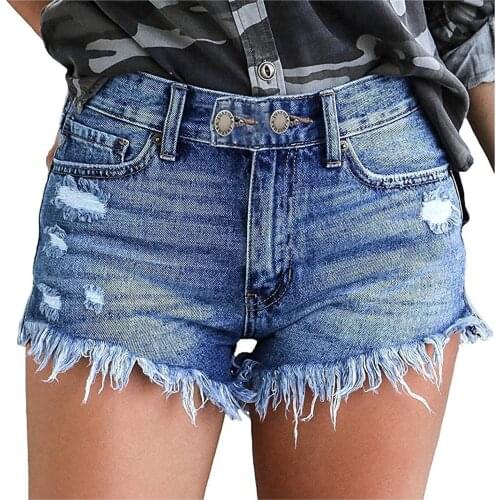 Summer Fashion High Waist A-line Women Denim Shorts Ladies Chic Ripped Holes Tassels Jeans Shorts Female Streetwear