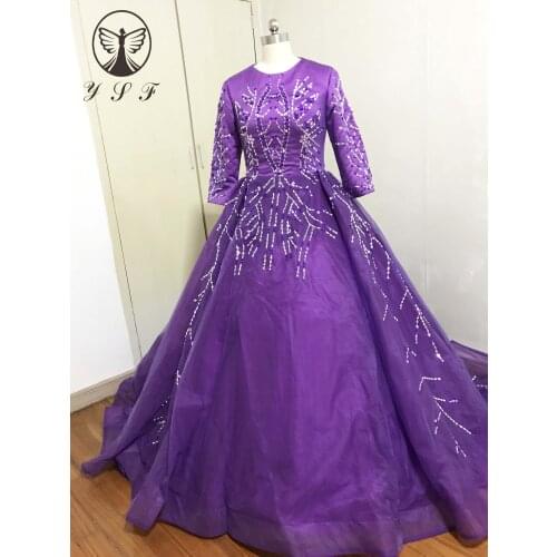 Fashion Vestidos De Formature O Neck Beaded Sequins Long Sleeve Purple Prom Dresses 2020