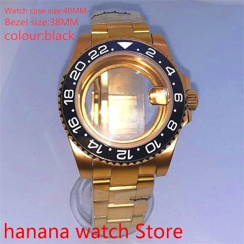 Suitable for pearl automatic winding 40mm sapphire glass transparent back gold box series, with rotating beze blackl