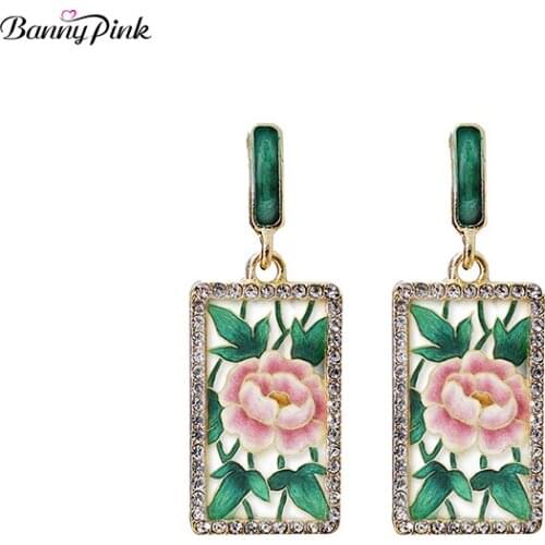 Banny Pink Ethnic Classic Enamel Geometric Printing Blossom Rose Earrings For Women Bohemia Chic Luxury Stud Jewelry