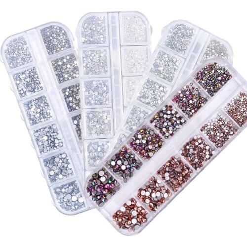 12 Grids/Box Nail Crystal 6-Size (SS4,SS6,SS8,SS10,SS12,SS16) Crystal AB Rhinestone Flat-back Gems 1440pc Nail Art Crystal Decor