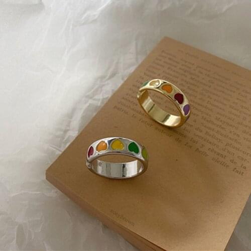 Vintage Bohemia Colorful Enamel Love Heart Ring Cute Simple Metal Gold Silver Color Rings for Women Punk Rock Jewelry