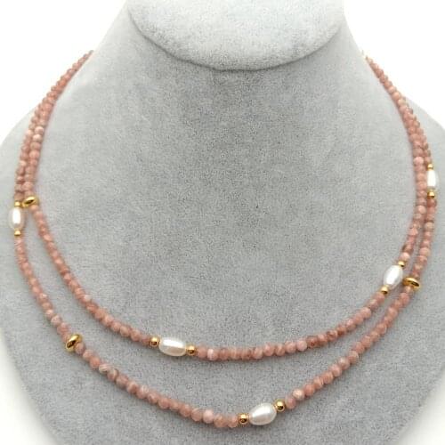 YYGEM 2 Strands Natural faceted round Pink Rhodochrosite Cultured white rice Freshwater Pearl Necklace 17" cute style for women