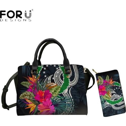 FORUDESIGNS Pohnpei Polynesian Tribal Hibiscus Flower Print Luxury Women Totes Bag And Purse 2pcs Set Casual Crossbody Bags