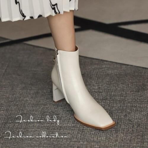 Osunlina 2021 Fashion Ankle Boots Square Toe Stone Pattern Genuine Leather Zipper Woman Autumn Handmade High Heels Shoes A037