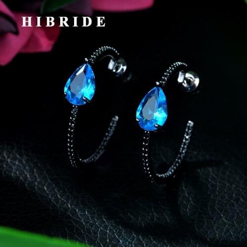 HIBRIDE Trendy Geometric Blue Hoop Earrings for Women Accessories Full Cubic Zirconia Earrings Jewelry pendientes mujer E-113