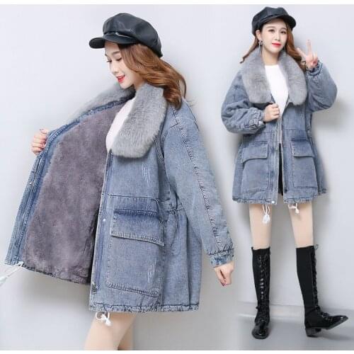 Denim Cotton Coat Women 2020 Autumn Winter Imitation Rabbit Loose Hooded Fur Collar Cowgirl Coat Thick Padded Coat Female Q184