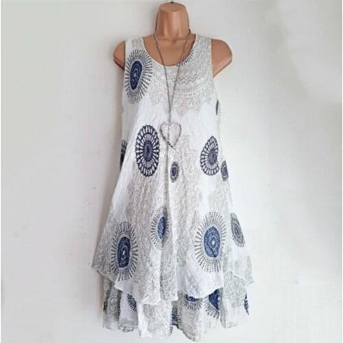 2021 Summer Popular Dress Sleeveless Double Breathable Layer Women Dress Thin Flowy Hem Print O Neck Midi Dress for Office