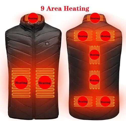 New 9 Places Heating Vest Men Women Usb Heated Jacket Heating Vest Thermal Clothing Fishing Vest Winter Heated Jacket BlackS-4XL