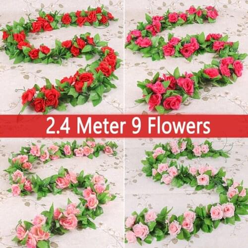 2.4M Artificial Roses Flowers Vine With Leaves Wedding Flower Garland Christmas Decoration For Home Wedding Fake Flower String
