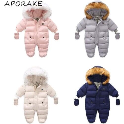 2020 Winter 3-24M Infant Baby Boy GirRomper Fur Collar Hooded Zipper Solid Jumpsuit Coats(Including gloves) Thick Warm Outwear