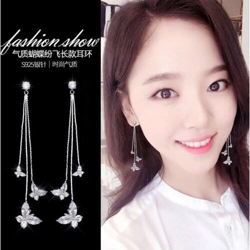 2021 Wholesale South Korea Earrings Long Three Crystal Butterfly Tassel Earrings Simple and Versatile Earrings for Women