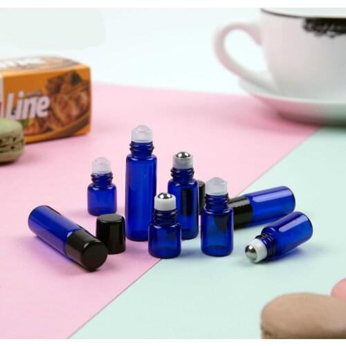 5pcs 1ml 2ml 3ml 5ml mini transparent blue roll on bottle with black cap cosmetic lip gloss essential oil packaging container