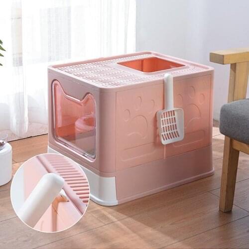 Large Foldable Cat Litter Box Pan with Lid, Pet Cat Potty Top Entry Pet Toilet with Scoop with Large Inside Room