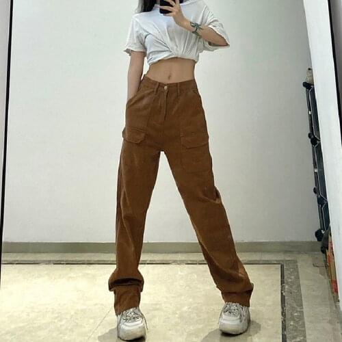 2021 Women Cargo Loose Pants 90s Streetwear Caramel Brown High Waist Aesthetic Straight Trousers Female Y2K Joggers