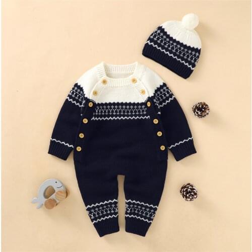 Baby Rompers Knitted Clothes Winter Thick Warm Newborn Boys Girls Jumpsuits Long Sleeve Toddler Infant Outfits Sweaters Hat Set