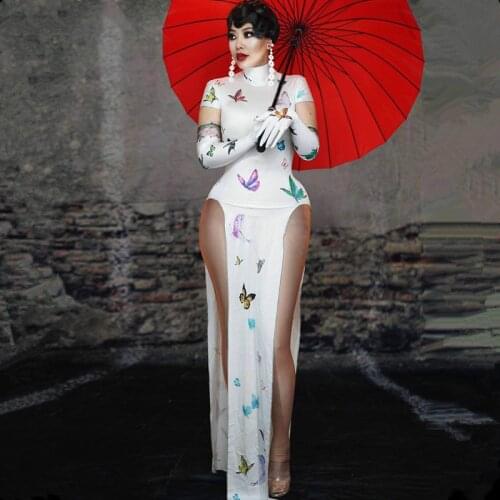 Vintage Cheongsam Costume Butterfly Pattern Split Long Dress Singer Dancer Sexy Stage Wear Birthday Party Outfit Bar Show Dress