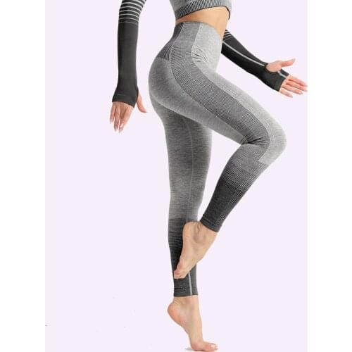 Stretchy High Waist Seamless Athletic Sport Workout Tights Women Striped Hip Enhancing Running Gym Fitness Leggings
