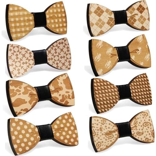 Elegant Men Women Christmas Wooden Bowtie Cravat Vintage Child Elastic Band PU Business Wedding Party Hollow carved Wood Bow Tie
