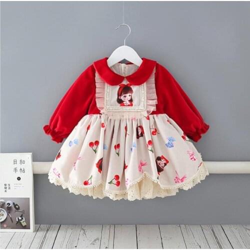 Retail 2021 Fall Fleece Red Cartoon Lace Dress, Princess Kids Elegant Flower Clothing 1-4T
