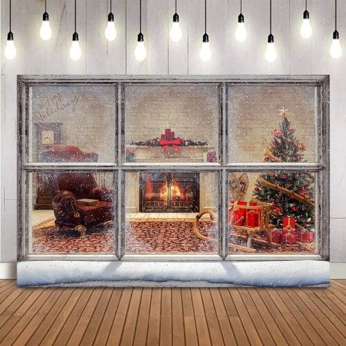 Christmas Windows Photography Backdrop Fireplace X-mas Pine Tree Living Room Holiday Party Decorations Photocall Retro Brick