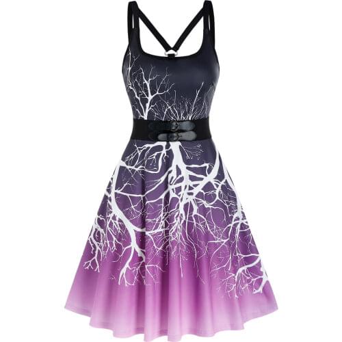 Wipalo Gothic Casual Dress Ombre Tree Print High Waist Strappy Mini Cami Dress Women Sleeveless Sexy Party Dresses Plus Size 3XL