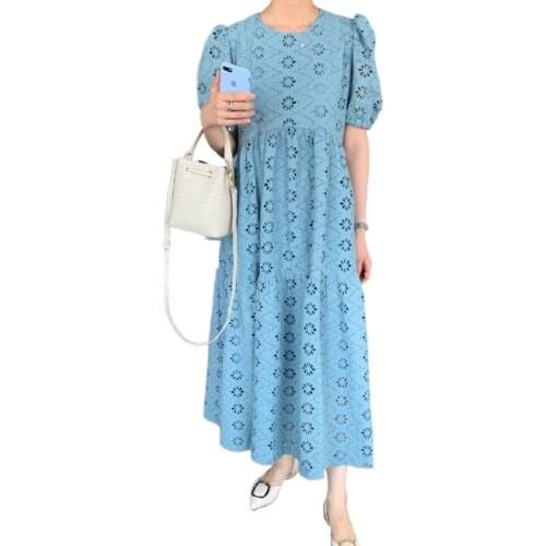 Korea Chic Summer Lace Hollow Out Dress for Women Puff Short Sleeve Elegant Loose Party Dresses Casual 2021 New Clothes Vestidos
