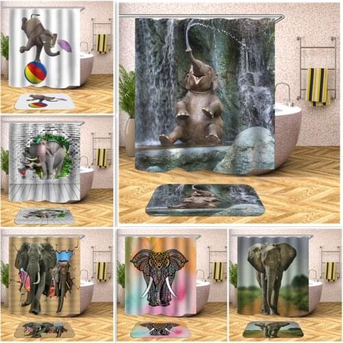 Creative Polyester Shower Curtains Elephant Play With Water Home Decor Bathroom Curtain With Hanging Ring Bathtub Shelter Screen