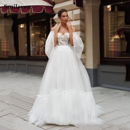 Smileve Lace Wedding Dress Puff Sleeve Boho Bride Dress Off The Shoulder Wedding Gowns Lace Appliques Vestido de novia