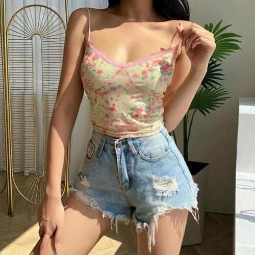 Y2K summer new style floral contrast halter top, lace mesh lace camisole vest