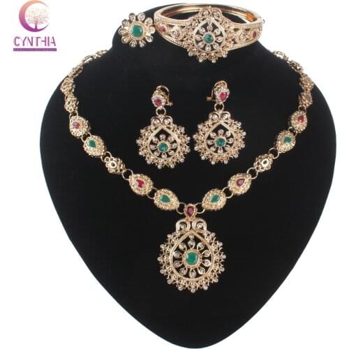 Multicolor Crystal Gold-color Jewelry Necklace Earrings Accessories Fashion Women European African Jewelry Sets