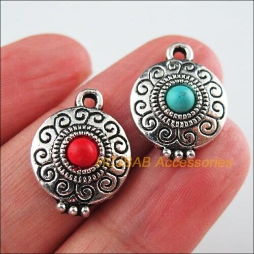 Fashion 12Pcs New Round Charms Tibetan Silver Tone Red & Blue Stone Flower Pendants 14x18.5mm