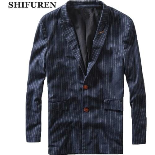 SHIFUREN New Spring Autumn Men Linen Cotton Jacket Long Sleeve Single Breasted Causal Blazer Male Striped Jaqueta High Quality
