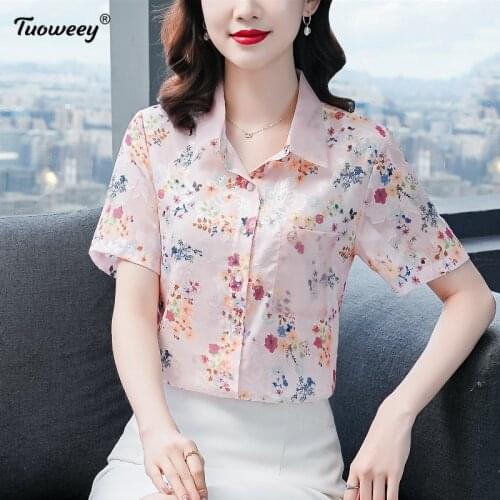 2021 New Spring Elegant Printing short Sleeve Chiffon Blouse Satin chiffon Turn-over Collar Women Shirt Tops Chemisier Femme
