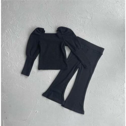 2021 Autumn New Girls Clothes Set Solid Long Sleeve T-Shirt And Stretch Flared Pants 2 Pcs Suit