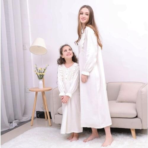 Princess Style Family Matching Sleepwear Mother Daughter Long Sleeve Ankle Length Nightdress Mom Kid Soft Nightgown Home Clothes