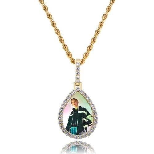 Custom Water drop shapePhoto Frame Photo Pendant Necklace AAA Zircon For Men Women Bling Iced Out Rapper Jewelry Gifts Gold