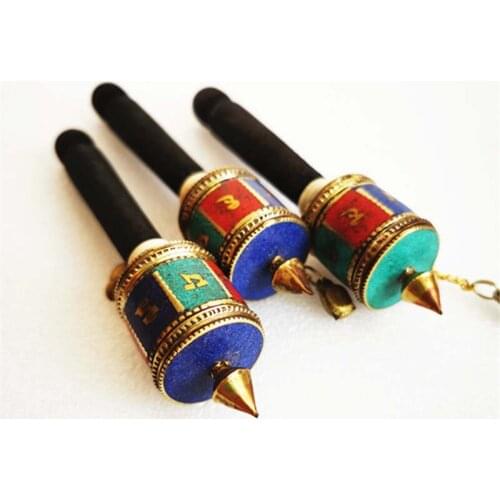 Tibetan Prayer Wheel Small Hand-hold Prayer Mani Wheel Brass Inlaid Colorful Stone with Wooden Handle TBC825