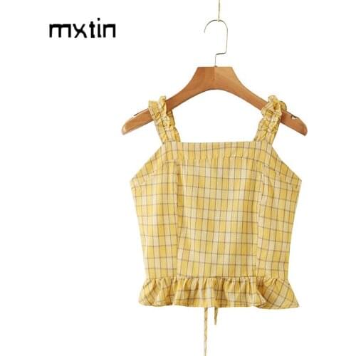 2021 Women Sexy Fashion Plaid Ruffle Cropped Tank Tops Vintage Side Zippper Back Bow Straps Female Camis Mujer