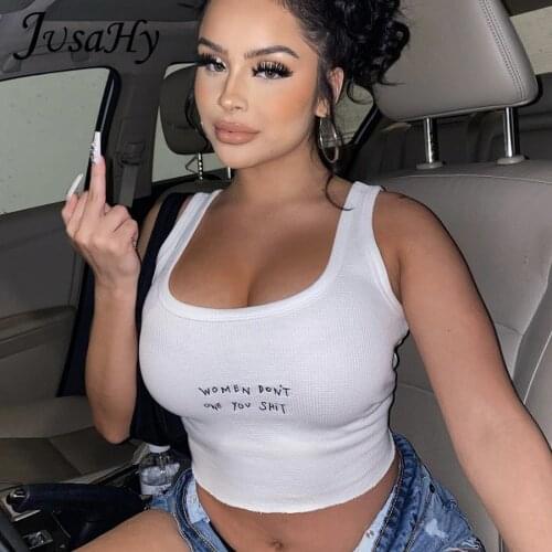 Jusahy Ribbed Crop Tops Women Sportswear Fitness Tank Top Letter Print Streetwear Casual White Vests Summer 2021