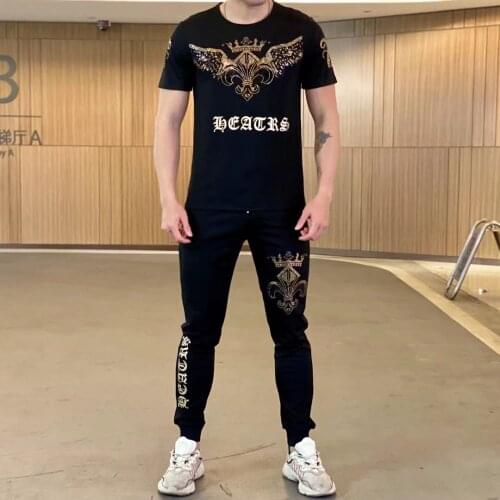 Spring And Summer Hot Style High-End Diamond Printing Two-Piece Sportswear Mens Chic Slim Anti-Pilling