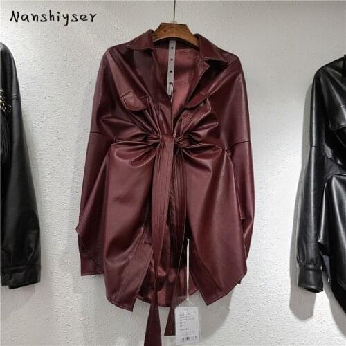 Mid-length Asymmetry Wine Red Faux Leather Jacket With Belt Autumn 2021 Women Loose Oversized Motorcycle Leather Coat Streetwear