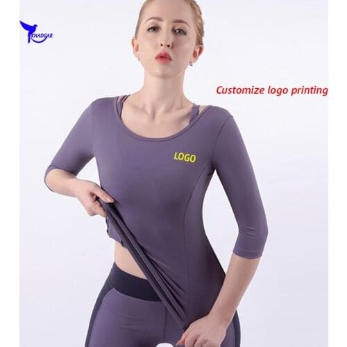 Custom LOGO 3/4 Sleeve Quick Dry Elastic Yoga Shirts Women Cross Back Fitness Gym Sportswear Tops Femme Running T Shirt Jersey