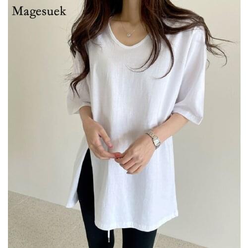 Korean Chic Casual Cotton White Loose T-shirt Women 2021 Summer Short Sleeve Woman Tshirts Split Plus Size Solid Tee Shirt 13641