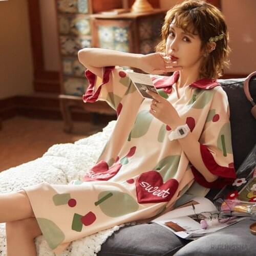 Womens Cotton Nightgowns Knitted Pajamas for Women Half Sleeve Sleepwear Geometric Lingerie Plus Size Pyjama Femme Home Dress